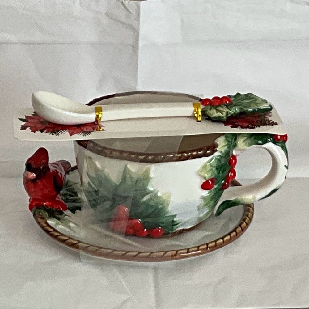 Festive Christmas Holiday Teacup Set with Spoon